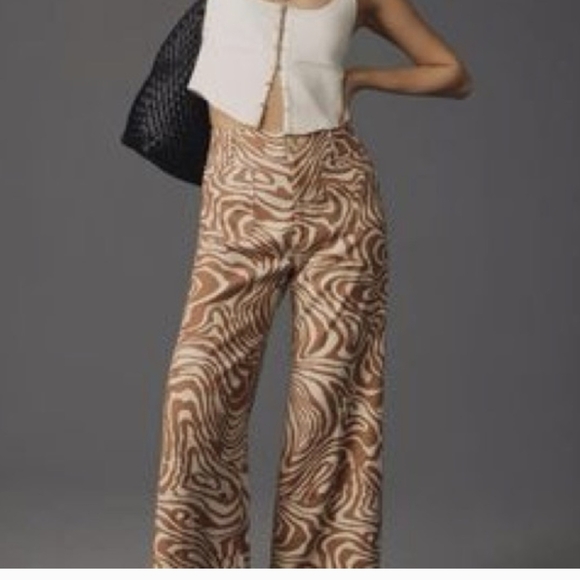Maeve Pants - Wide-Leg Swirl Print Pants in Beige